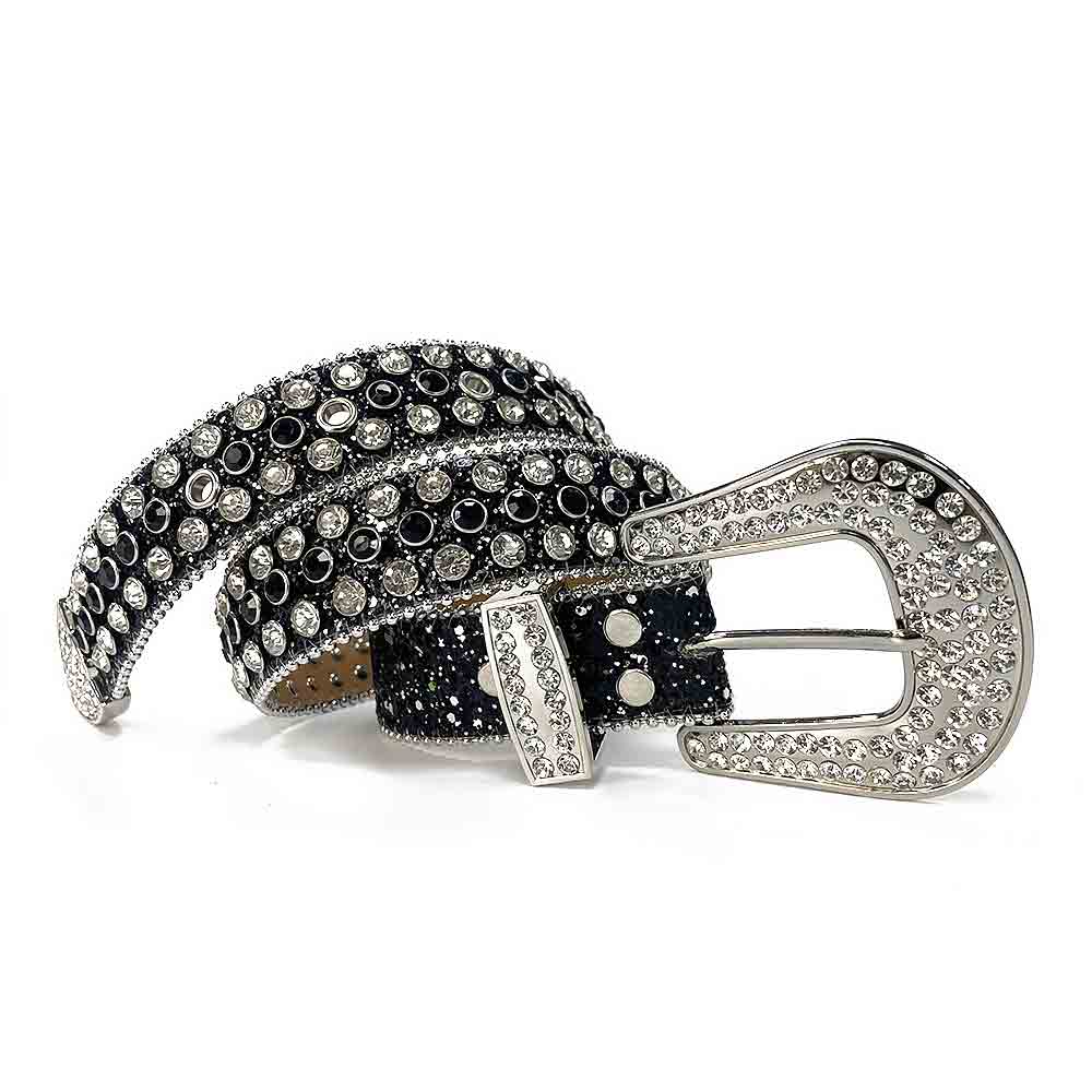 Rhinestone Belt Store Black Strap Black & Diamond White (Variant) Rhinestone Western Belt with BB Buckle — Western fashion lifestyle worn