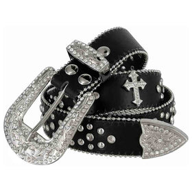 Rhinestone Belt Store Black Strap with Cross Stones + White Stones Rhinestones…