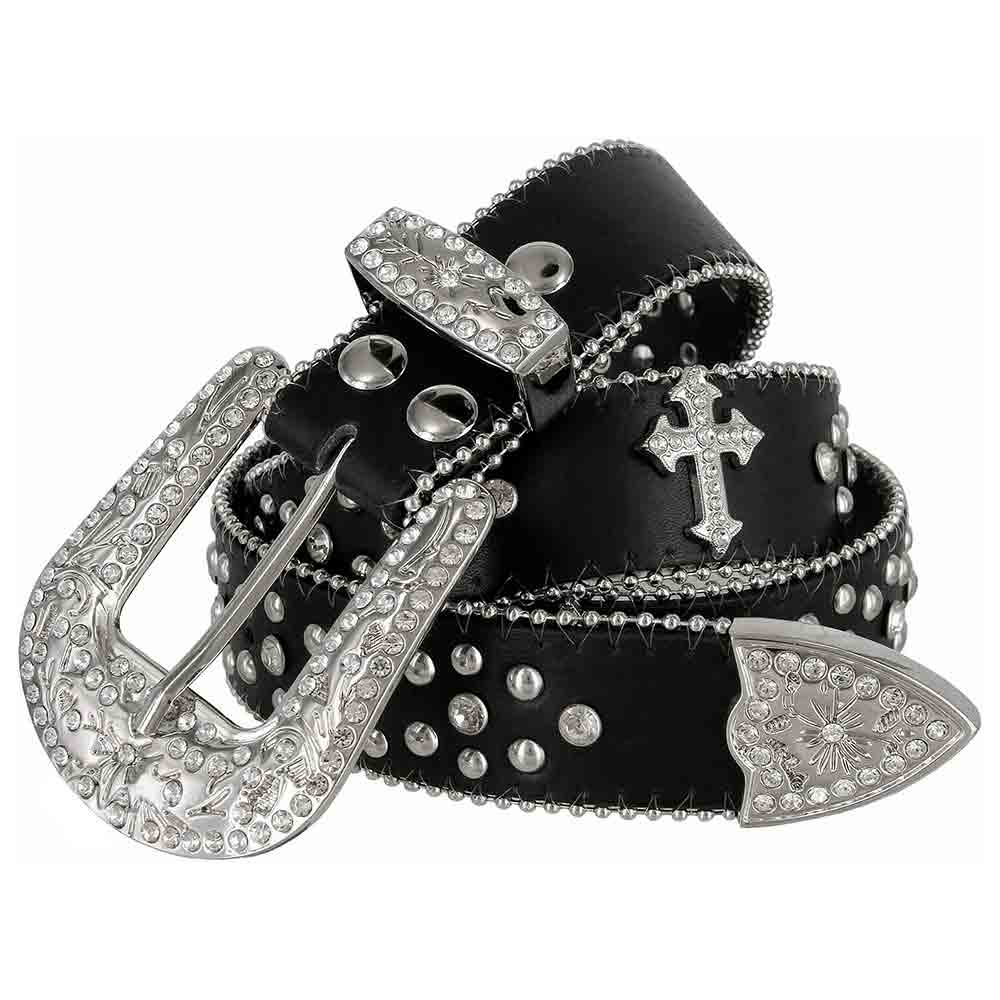 Rhinestone Belt Store Rhinestone Belt Store Black Strap with Cross Stones + White Stones Rhinestones… — main product shot