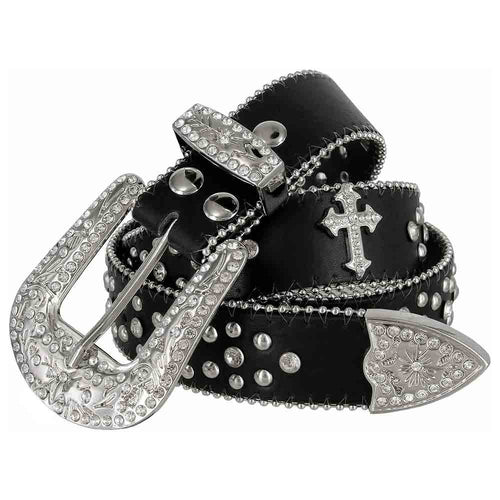 Rhinestone Belt Store Black Strap Cross Stones + Studs + White (Variant) Rhinestone Western Belt with Cross Buckle — belt full product shot