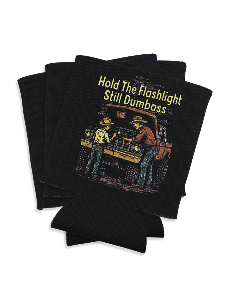 Luckless Outfitters Hold The Flashlight Koozie — detail close-up