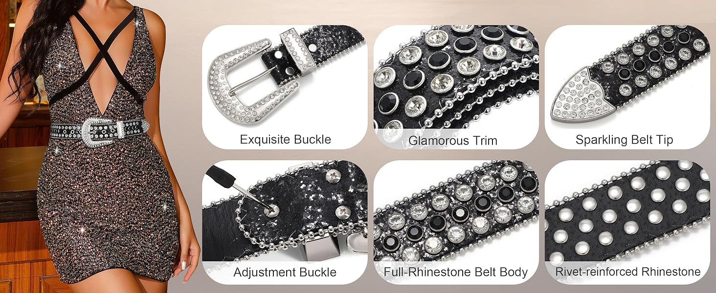 Rhinestone Belt Store Black Strap With Black & Diamond White Studded Rhinestone BB Belt — alternative angle