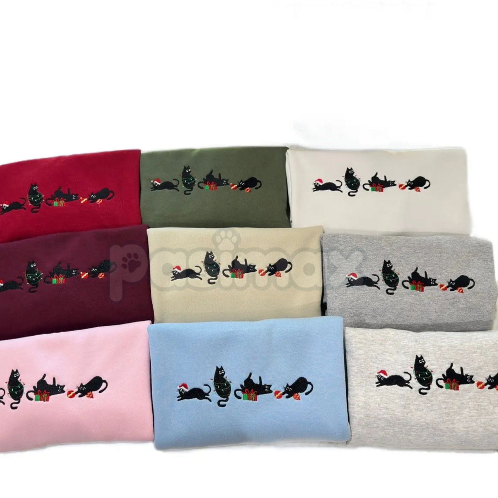Pasimax Black Christmas Cats Embroidered Sweatshirt – Cozy Holiday Cat Mom Crewneck — main product shot
