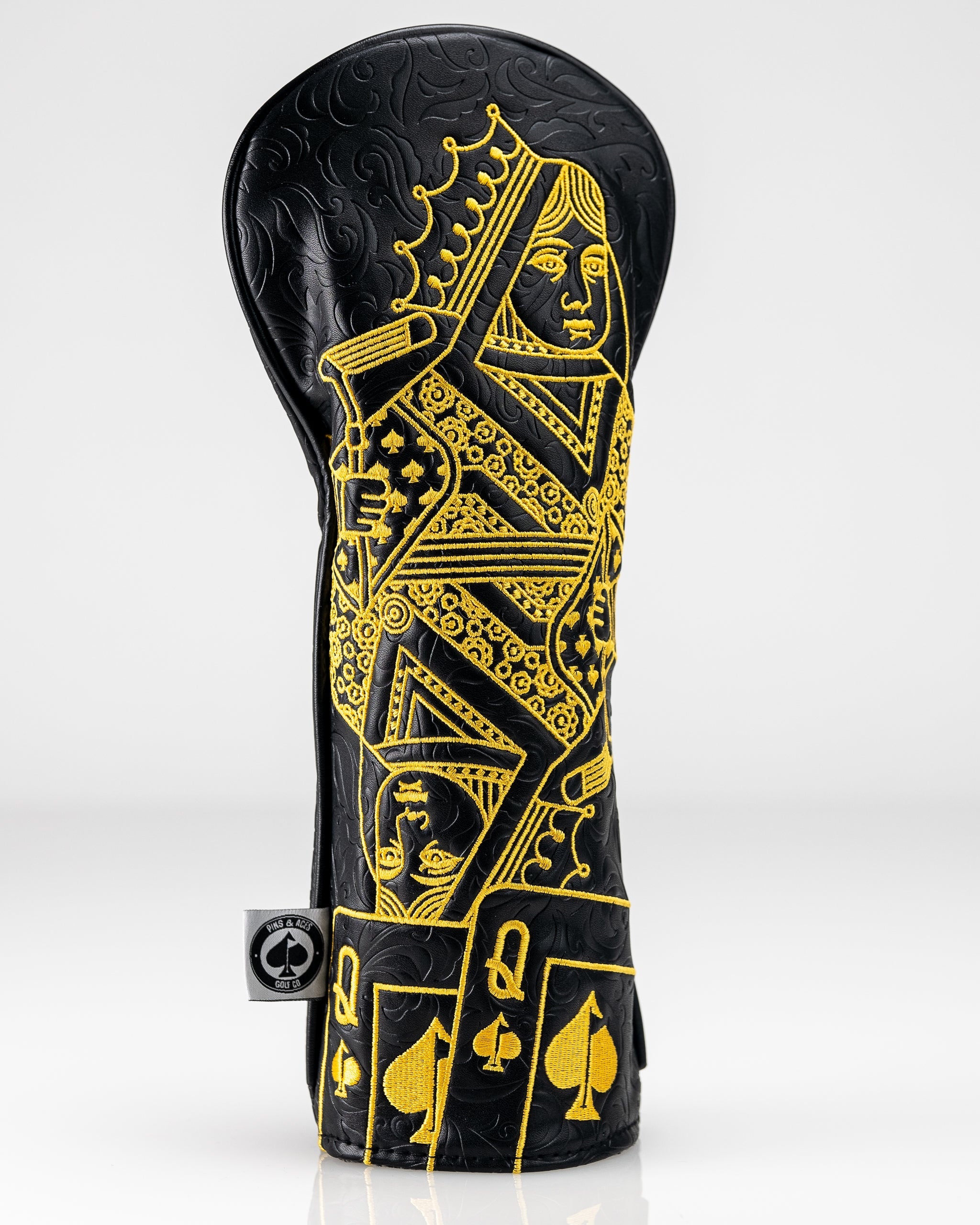Pins and Aces Black/Gold Queen of Spades - Fairway Cover — fabric or material detail