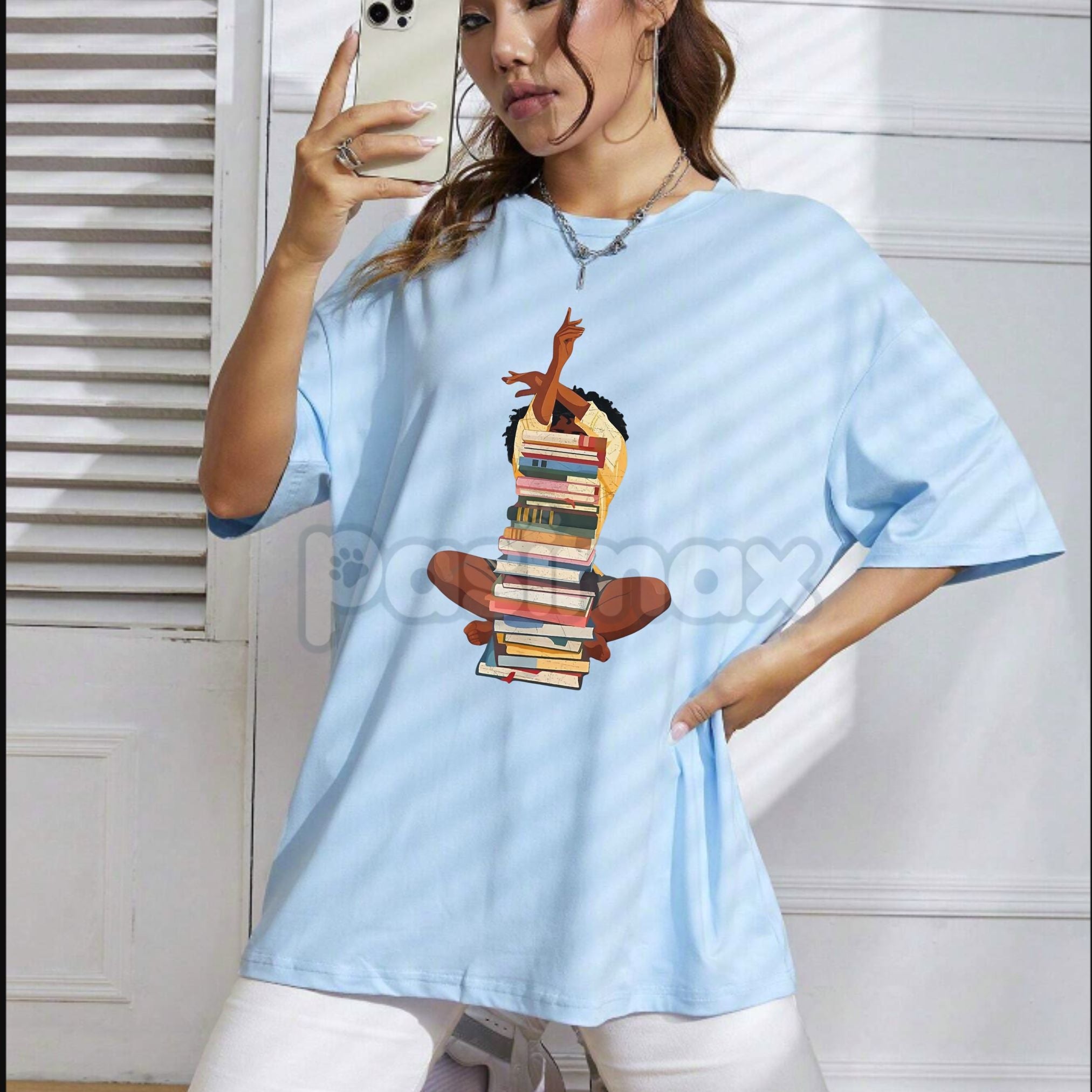 Pasimax Black Woman and Books Stack T-Shirt - Afro Girl Book Lover Graphic Tee, Literary Culture Apparel, Unisex Black Histor