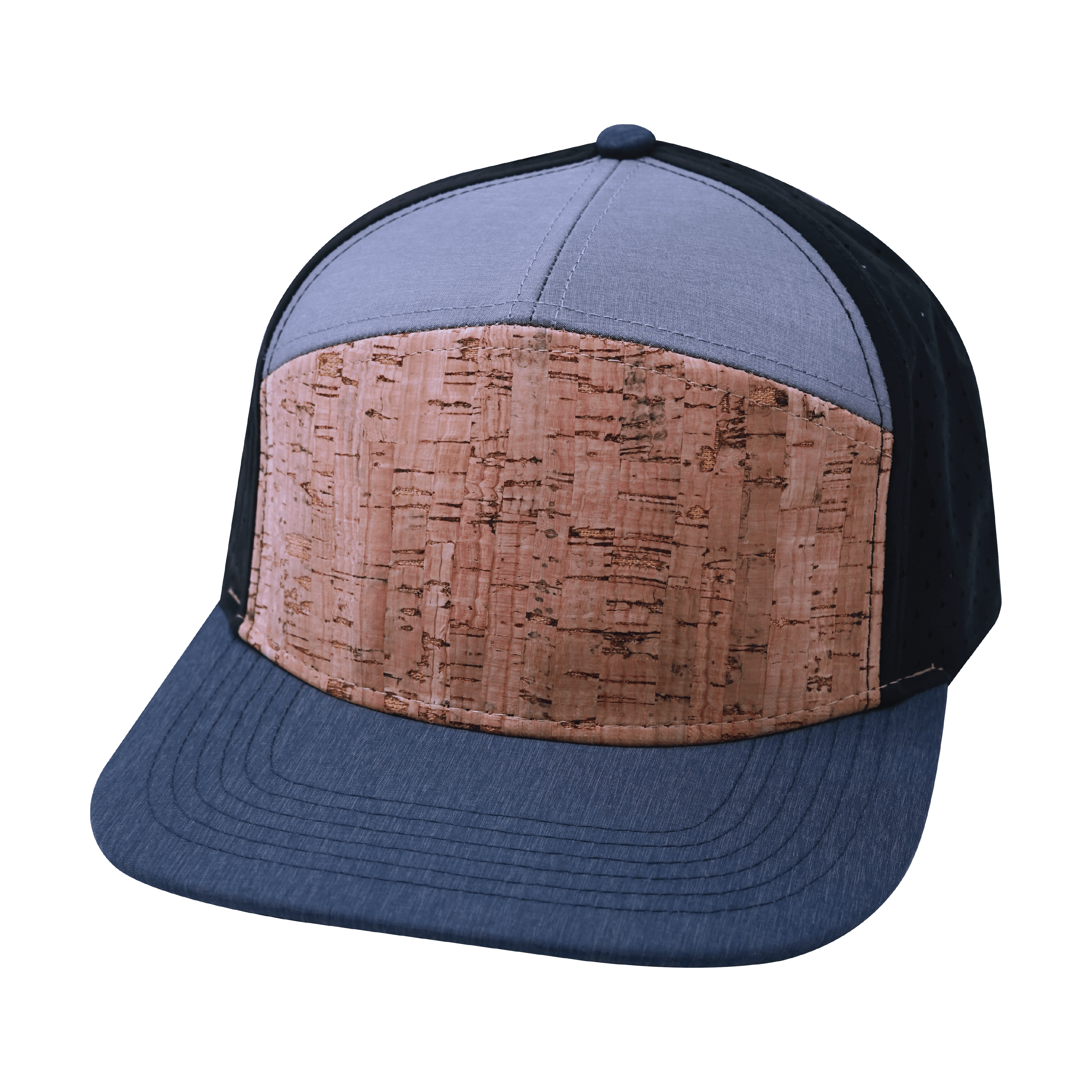 The Heartbeat Brand Blank 7 Panel Hat — Cork Navy / Gray / Black (Unisex) — main product shot