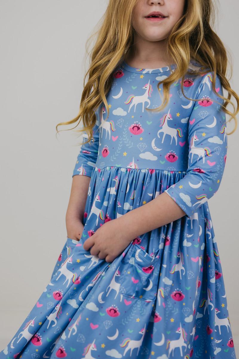 Mila & Rose ® Blue Moon 3/4 Sleeve Pocket Twirl Dress — lifestyle context