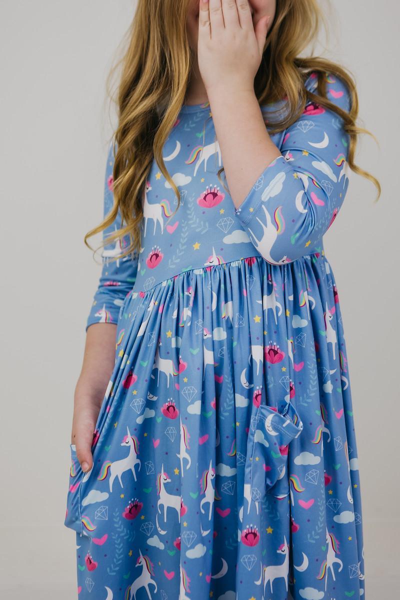 Mila & Rose ® Blue Moon 3/4 Sleeve Pocket Twirl Dress — side view