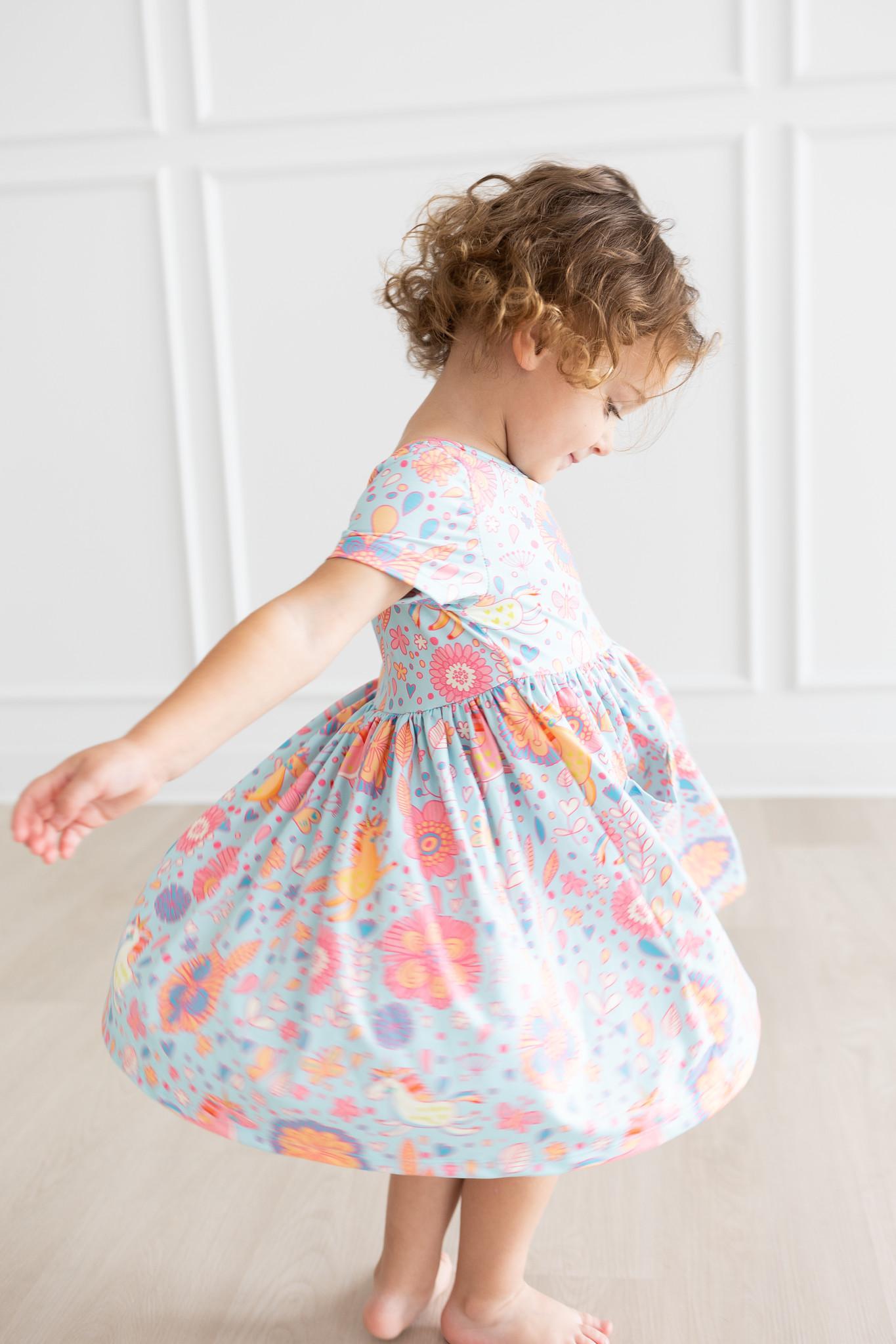 Mila & Rose ® SALE Blue Retro Unicorns S/S Pocket Twirl Dress — packaging