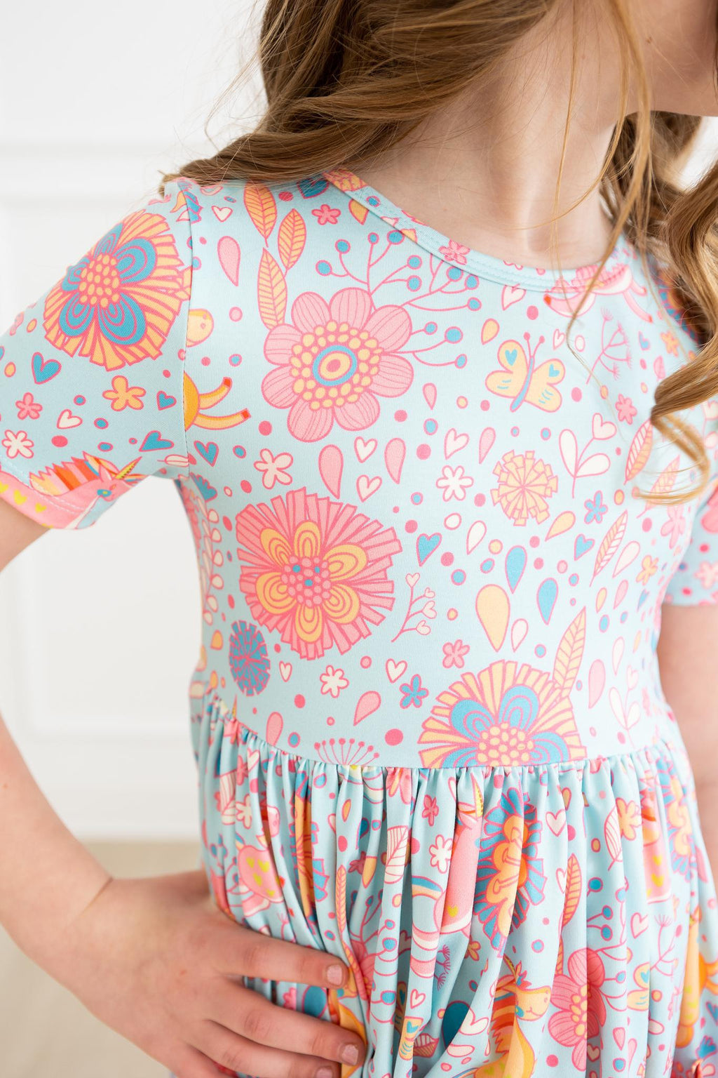Mila & Rose ® SALE Blue Retro Unicorns S/S Pocket Twirl Dress — detail close-up