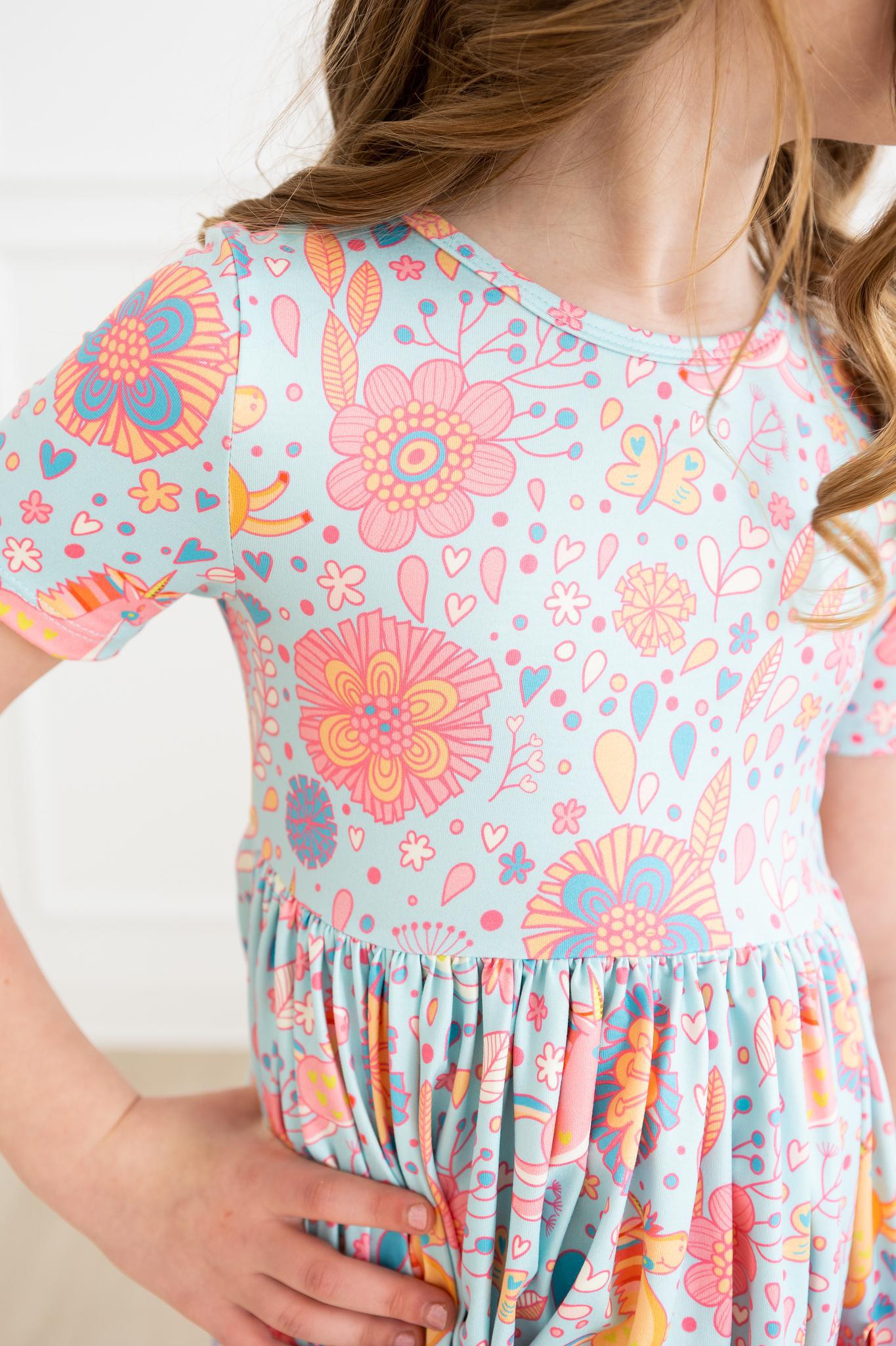 Mila & Rose ® SALE Blue Retro Unicorns S/S Pocket Twirl Dress — detail close-up