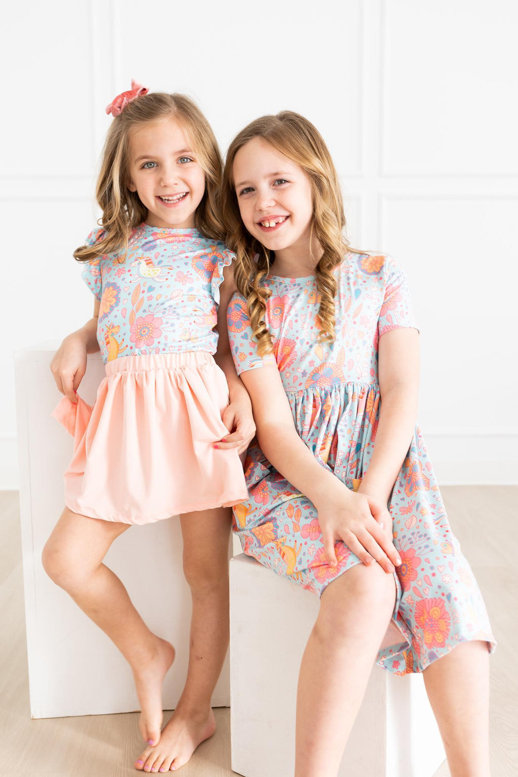 Mila & Rose ® SALE Blue Retro Unicorns S/S Pocket Twirl Dress — lifestyle context