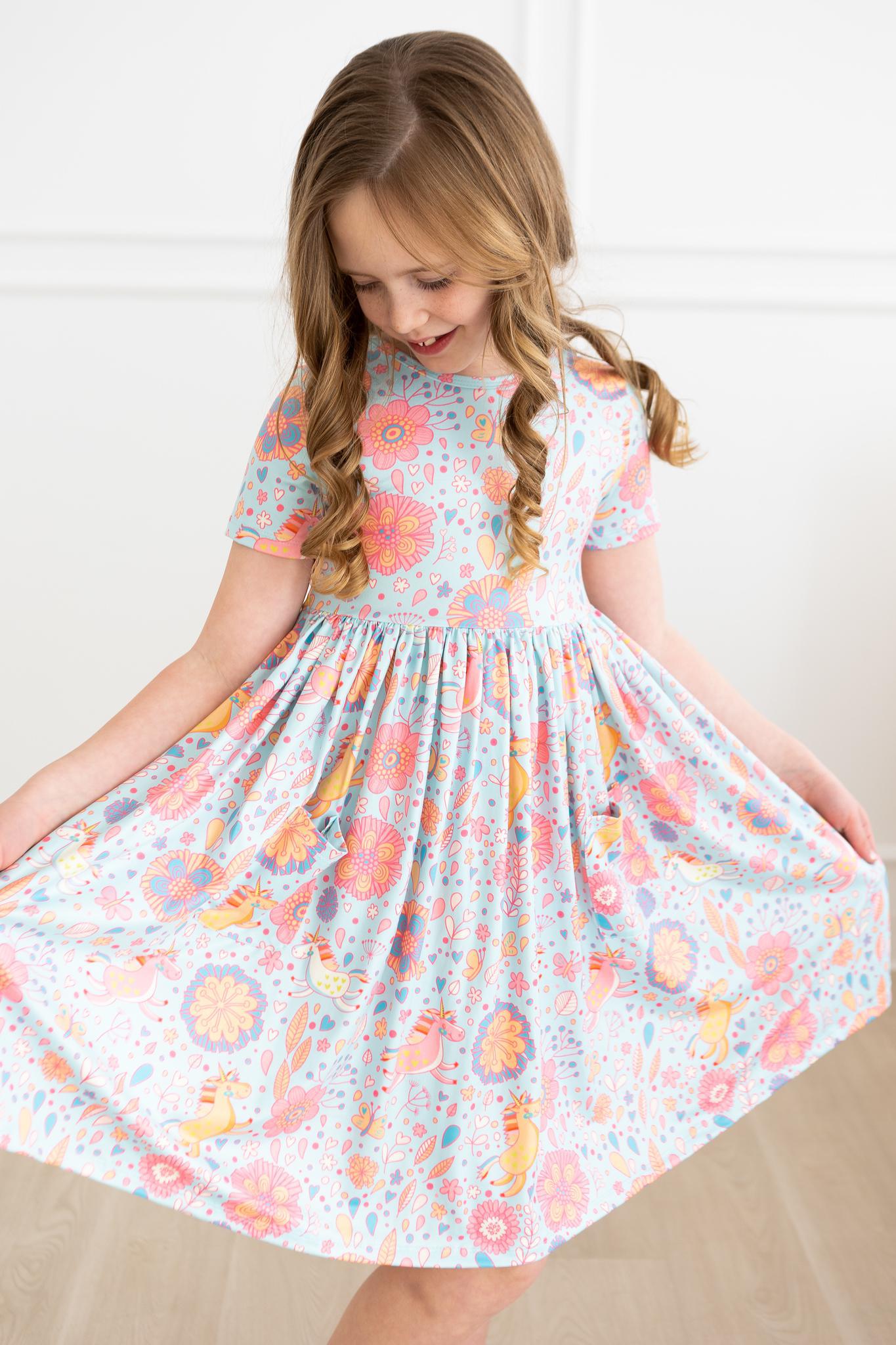 Mila & Rose ® SALE Blue Retro Unicorns S/S Pocket Twirl Dress — side view