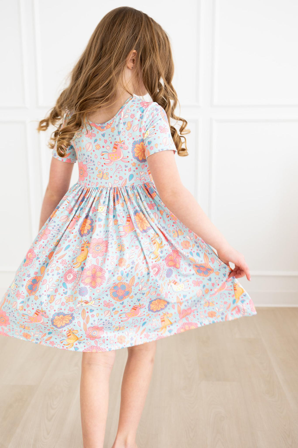 Mila & Rose ® SALE Blue Retro Unicorns S/S Pocket Twirl Dress — alternative angle