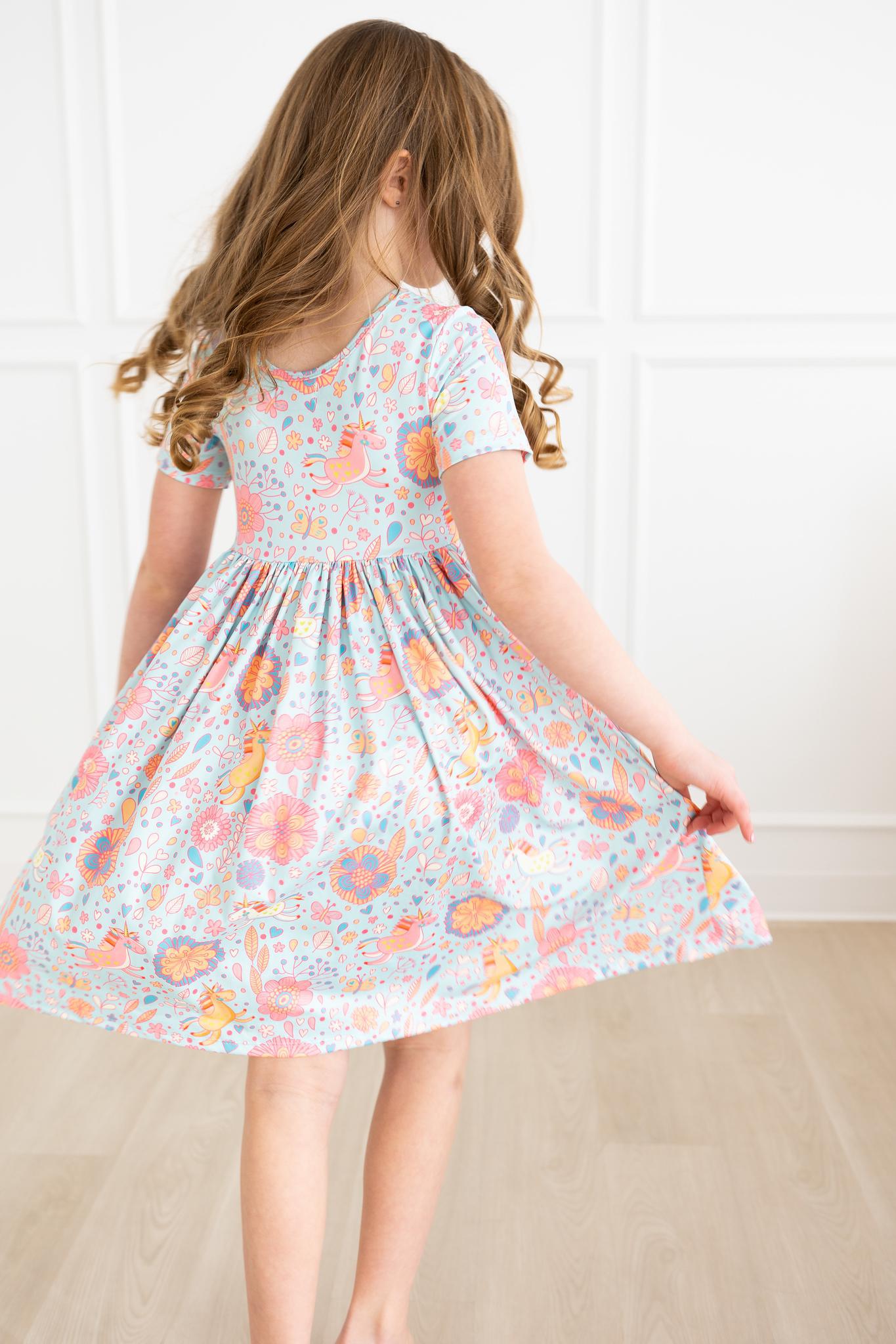 Mila & Rose ® SALE Blue Retro Unicorns S/S Pocket Twirl Dress — alternative angle