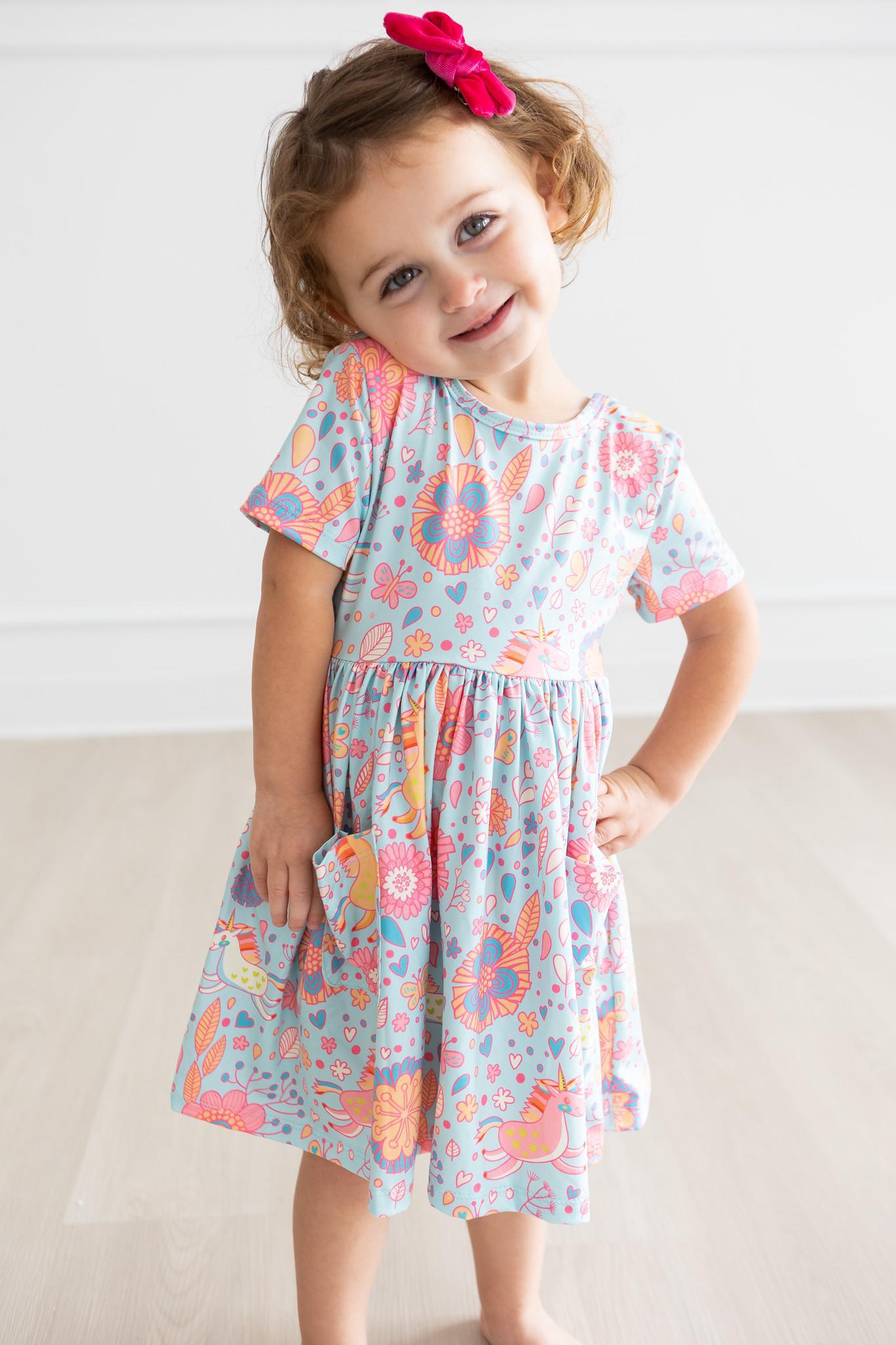 Mila & Rose ® SALE Blue Retro Unicorns S/S Pocket Twirl Dress — size reference