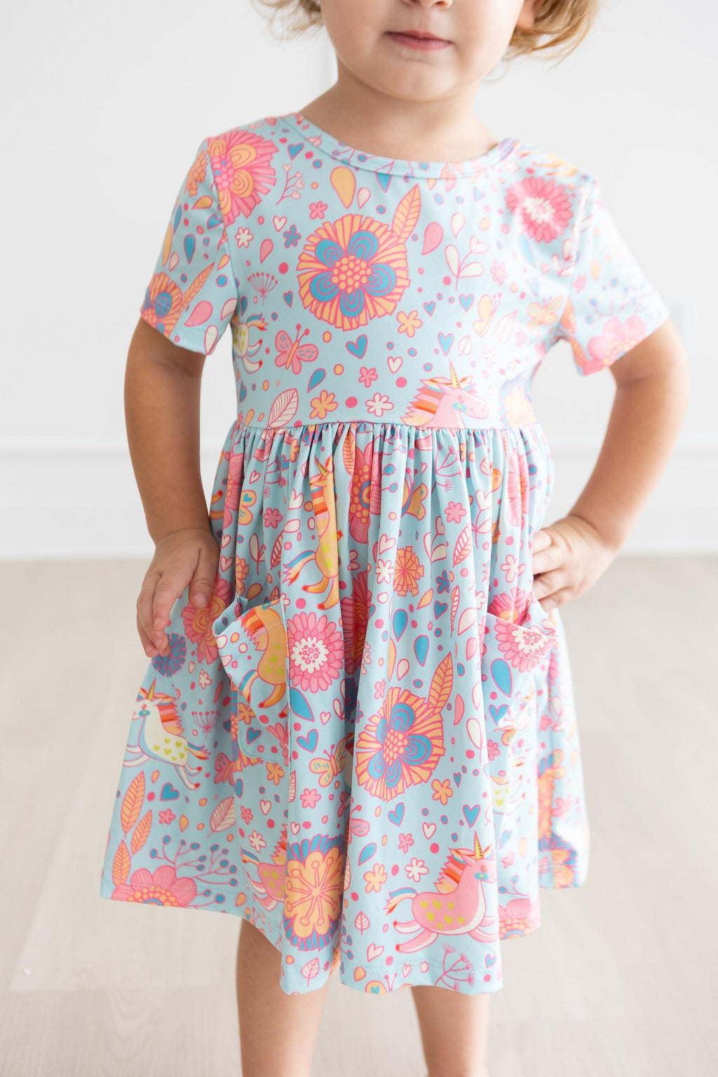 Mila & Rose ® SALE Blue Retro Unicorns S/S Pocket Twirl Dress — color detail
