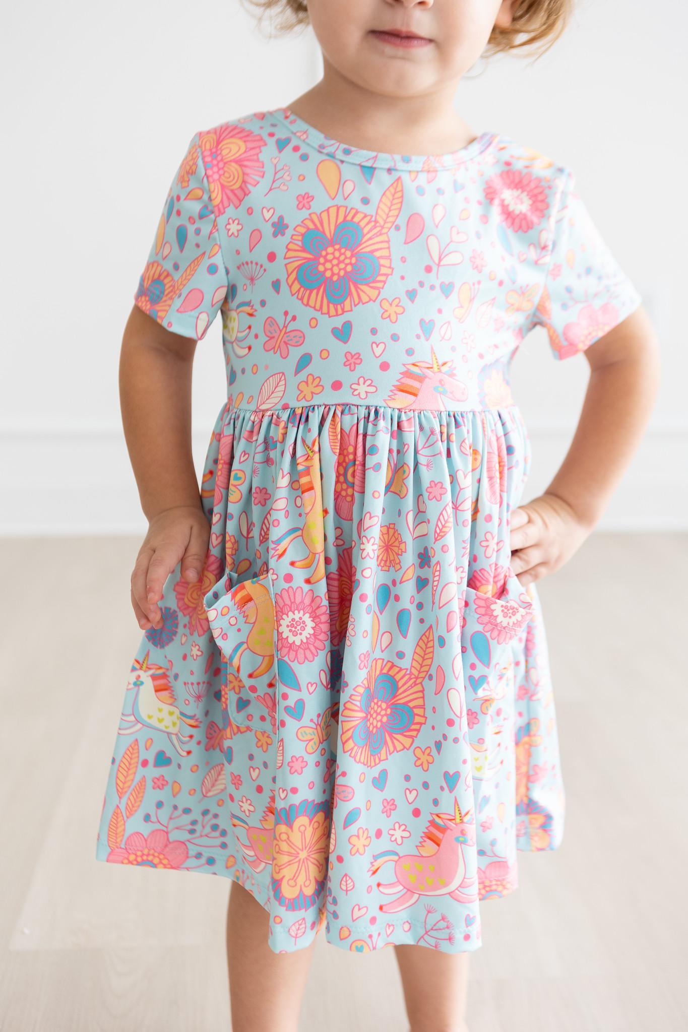 Mila & Rose ® SALE Blue Retro Unicorns S/S Pocket Twirl Dress — color detail