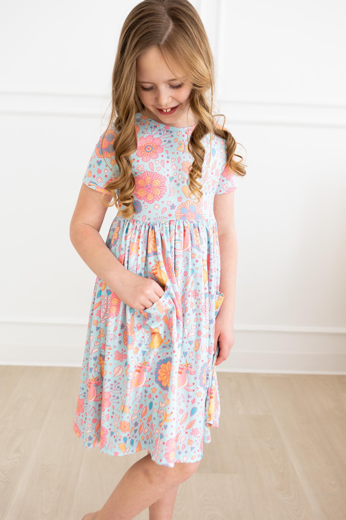 Mila & Rose ® SALE Blue Retro Unicorns S/S Pocket Twirl Dress — main product shot