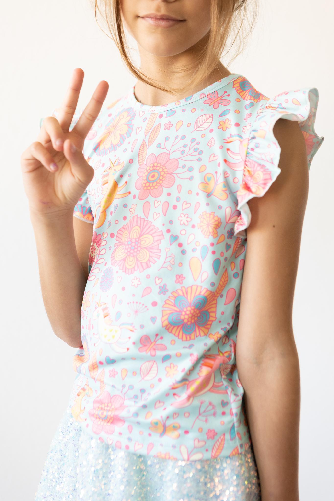 Mila & Rose ® SALE Blue Retro Unicorns S/S Ruffle Tee — alternative angle
