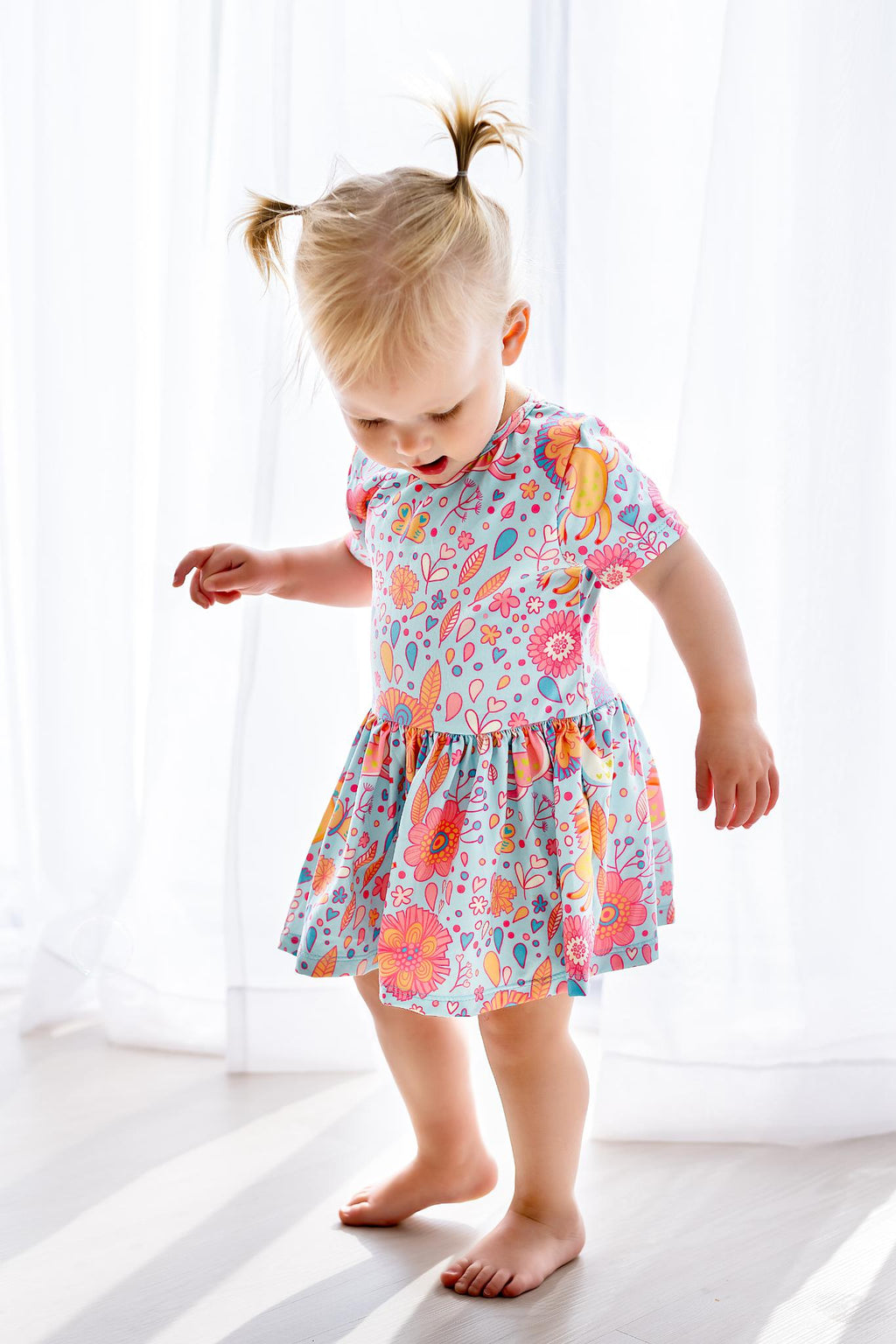 Mila & Rose ® SALE Blue Retro Unicorns S/S Twirl Bodysuit — detail close-up