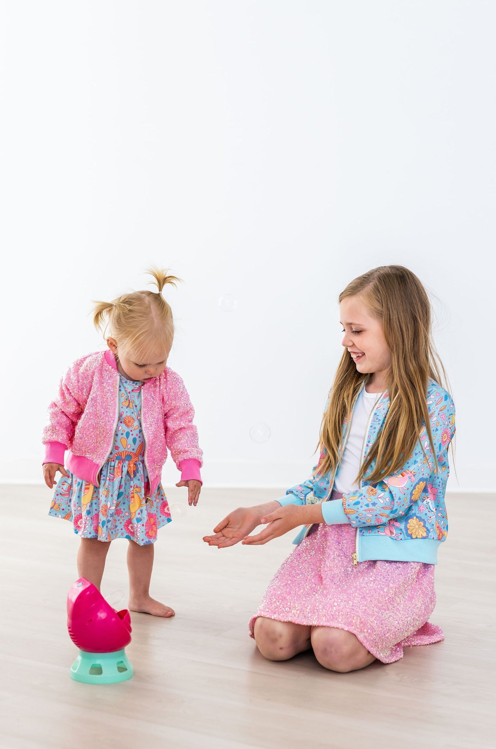 Mila & Rose ® SALE Blue Retro Unicorns S/S Twirl Bodysuit — side view