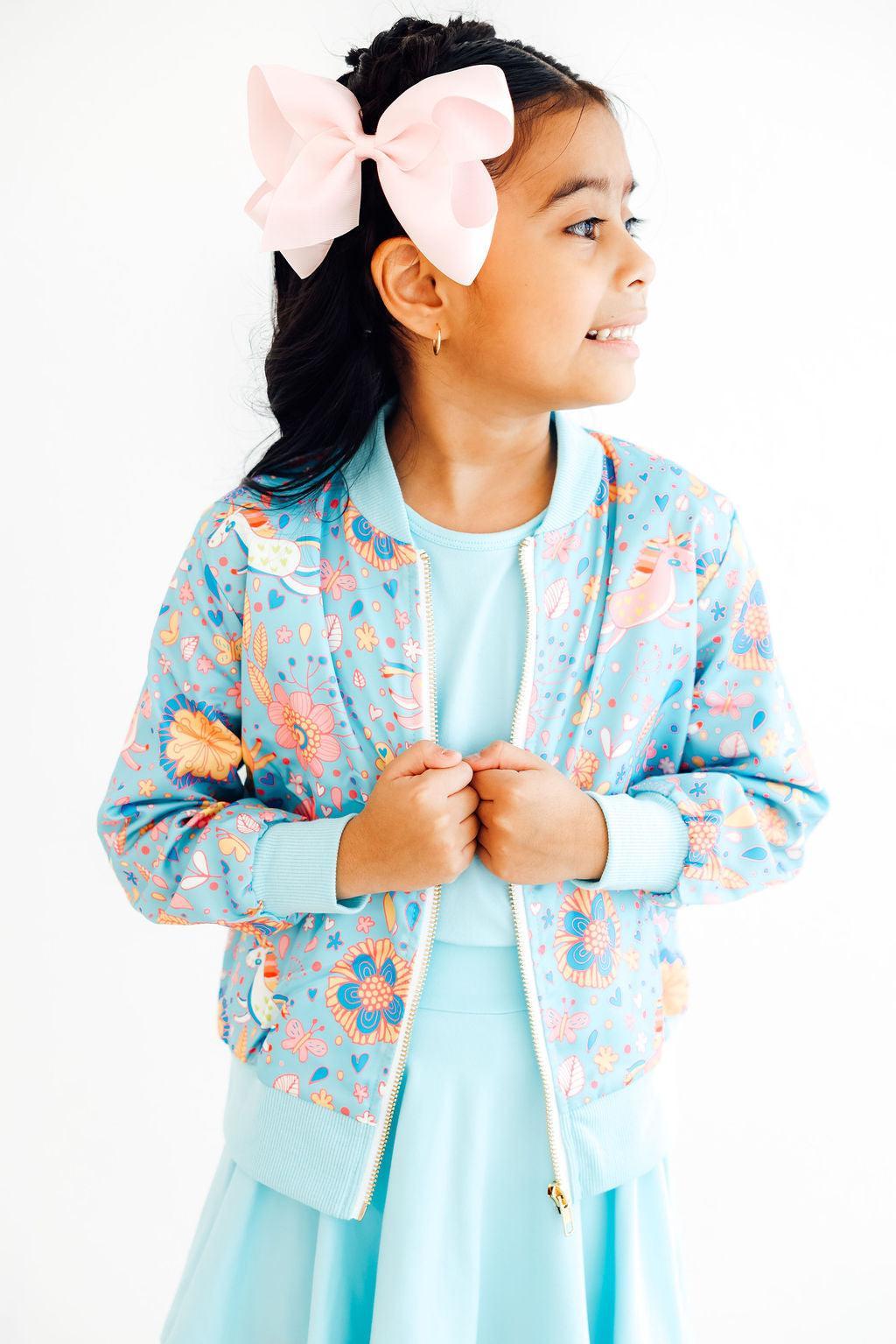 Mila & Rose ® SALE Blue Retro Unicorns Satin Jacket — detail close-up
