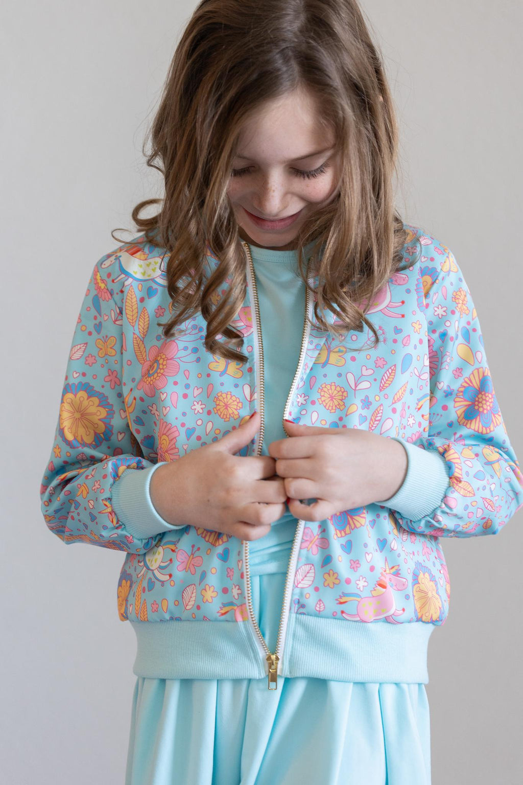 Mila & Rose ® SALE Blue Retro Unicorns Satin Jacket — side view