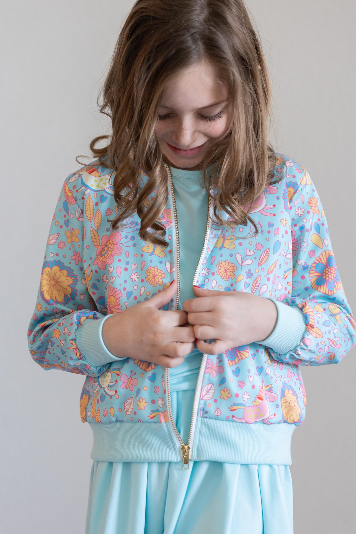 Mila & Rose ® SALE Blue Retro Unicorns Satin Jacket — side view