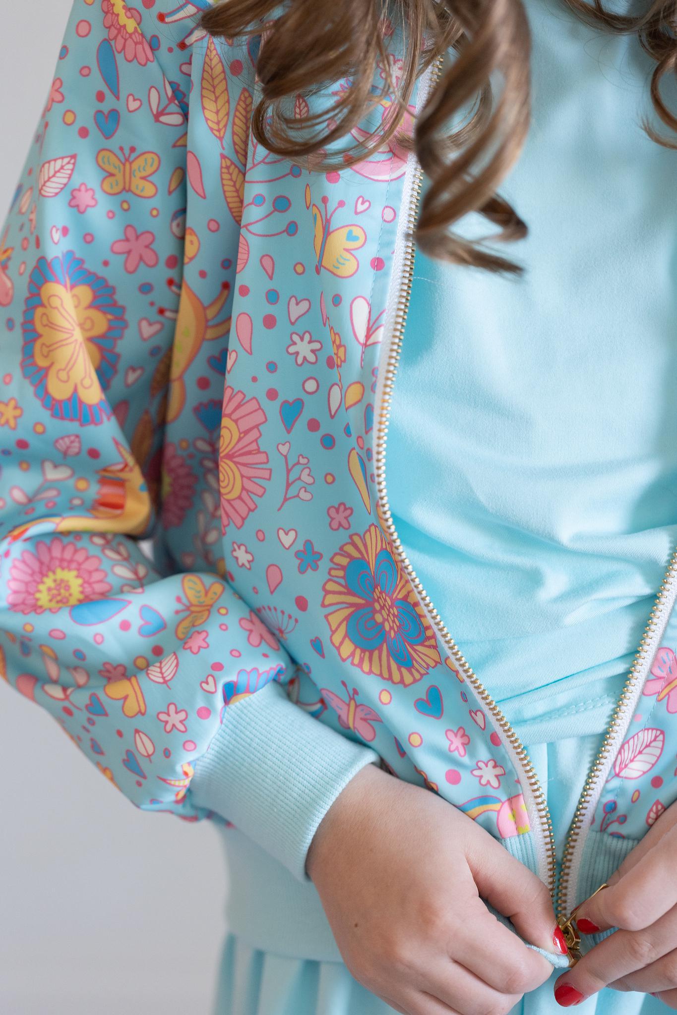 Mila & Rose ® SALE Blue Retro Unicorns Satin Jacket — alternative angle