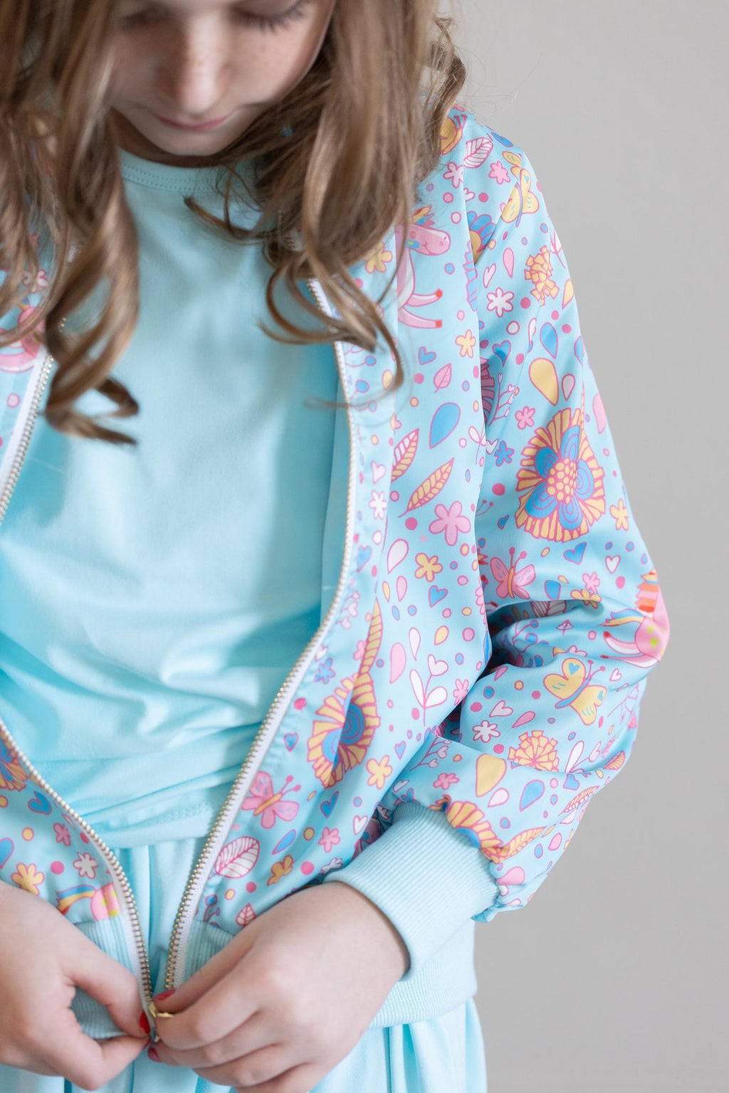 Mila & Rose ® SALE Blue Retro Unicorns Satin Jacket — size reference