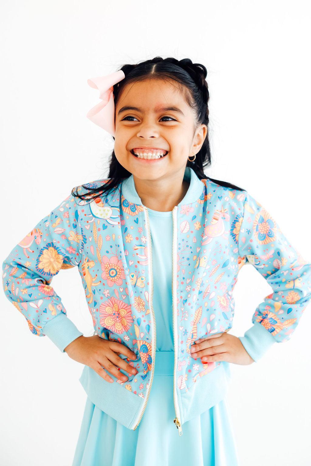 Mila & Rose ® SALE Blue Retro Unicorns Satin Jacket — main product shot
