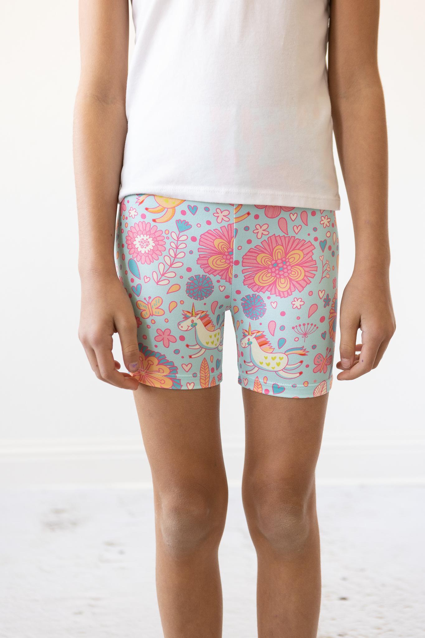 Mila & Rose ® SALE Blue Retro Unicorns Twirl Shorts — detail close-up