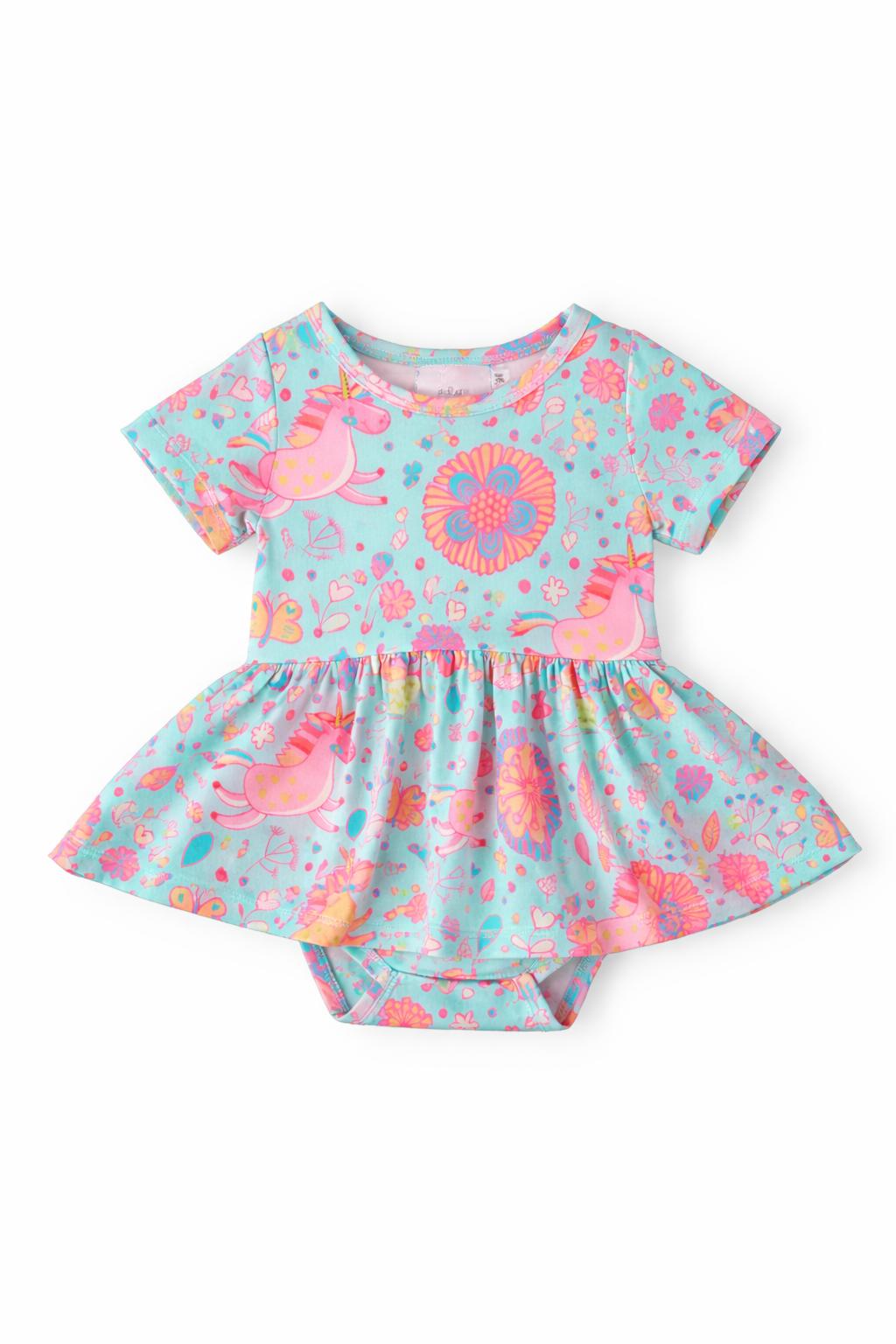 Mila & Rose ® SALE Blue Retro Unicorns S/S Twirl Bodysuit — main product shot
