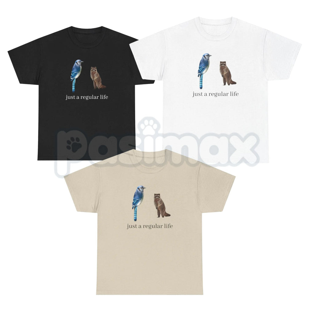 Blue Jay and Raccoon "Just a Regular Life" T-Shirt – Retro 2010s Cartoon Graphic Tee, Premium 100% Cotton Slacker Humor Top, Soft Lived-In Heavyweight Nostalgia Pop Culture Shirt, Made in USA