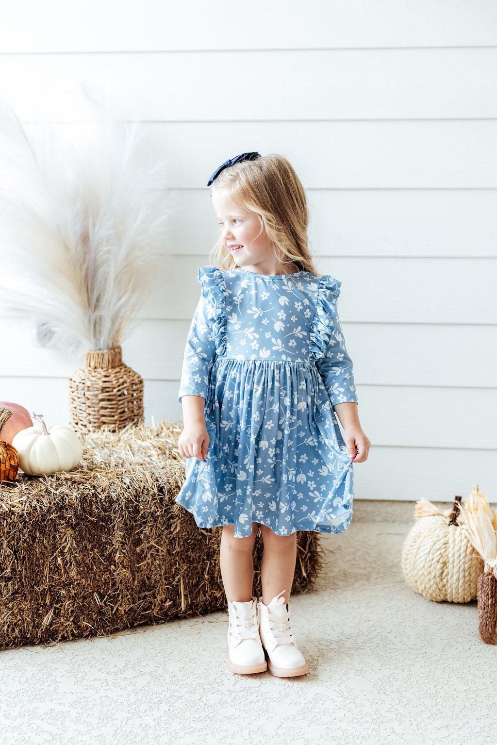 Mila & Rose ® Bluebell 3/4 Sleeve Ruffle Twirl Dress — back view