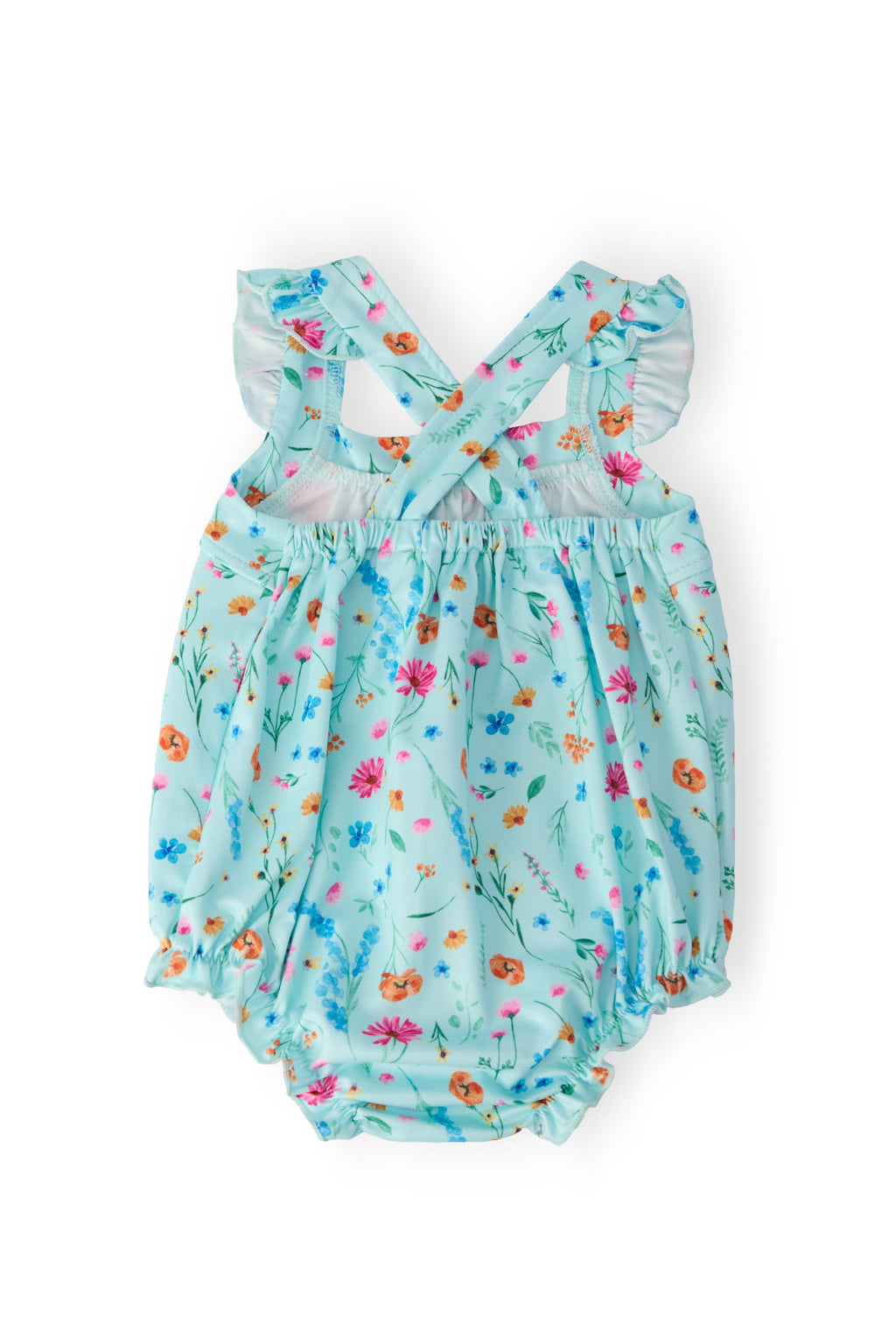 Mila & Rose ® Bluebell Breeze Ruffle Cross Back Romper — detail close-up