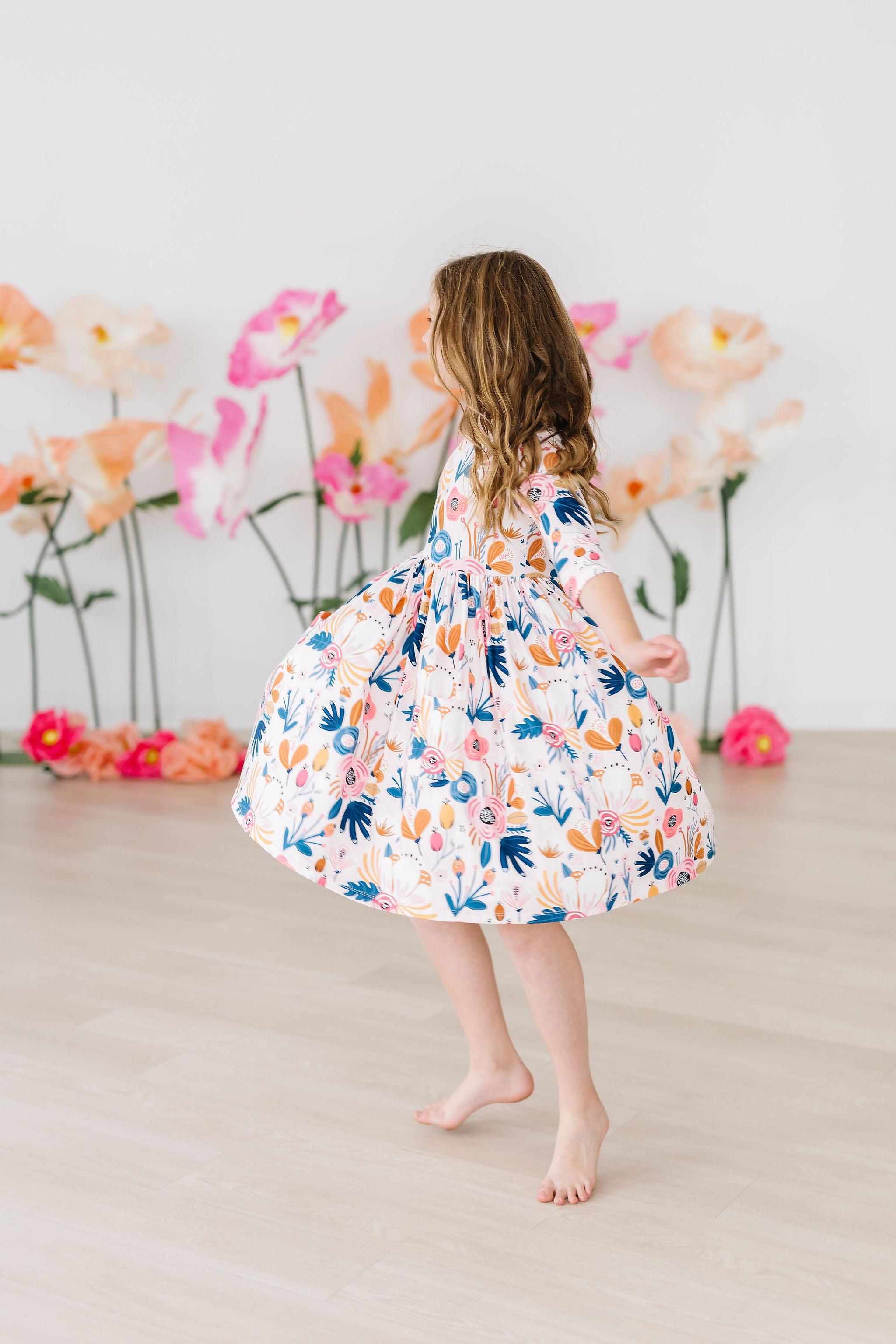 Mila & Rose ® Blush Peony 3/4 Sleeve Pocket Twirl Dress — side view