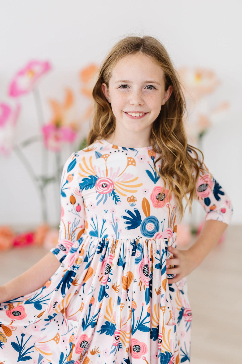 Mila & Rose ® Blush Peony 3/4 Sleeve Pocket Twirl Dress — back view