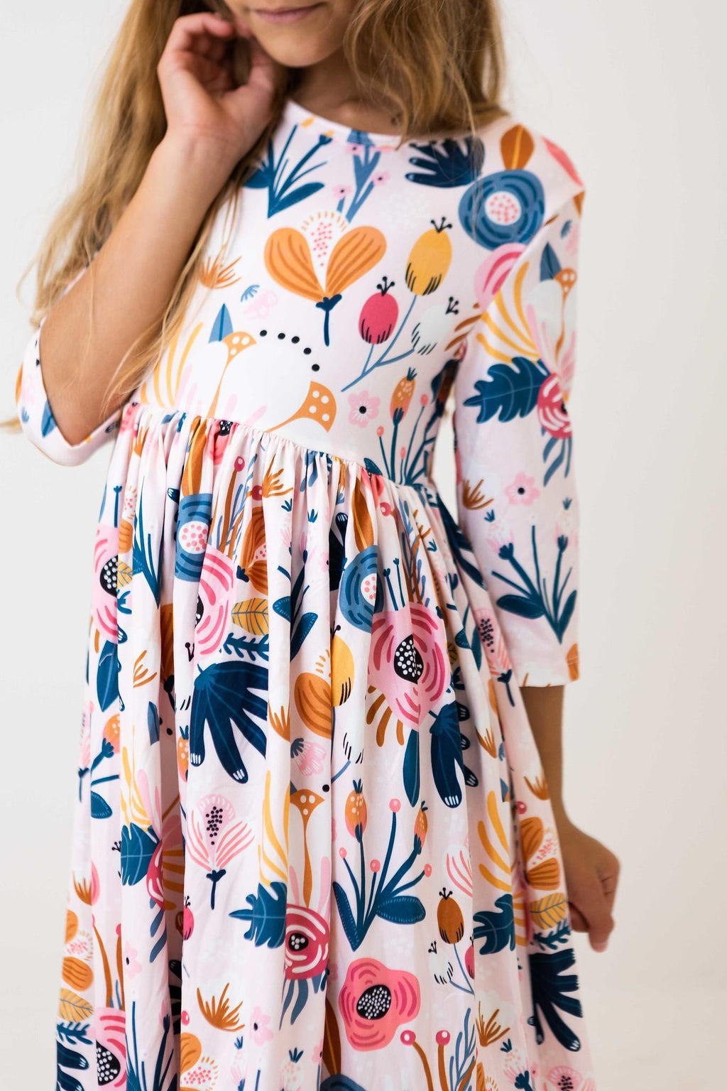 Mila & Rose ® Blush Peony 3/4 Sleeve Pocket Twirl Dress — in-use photo