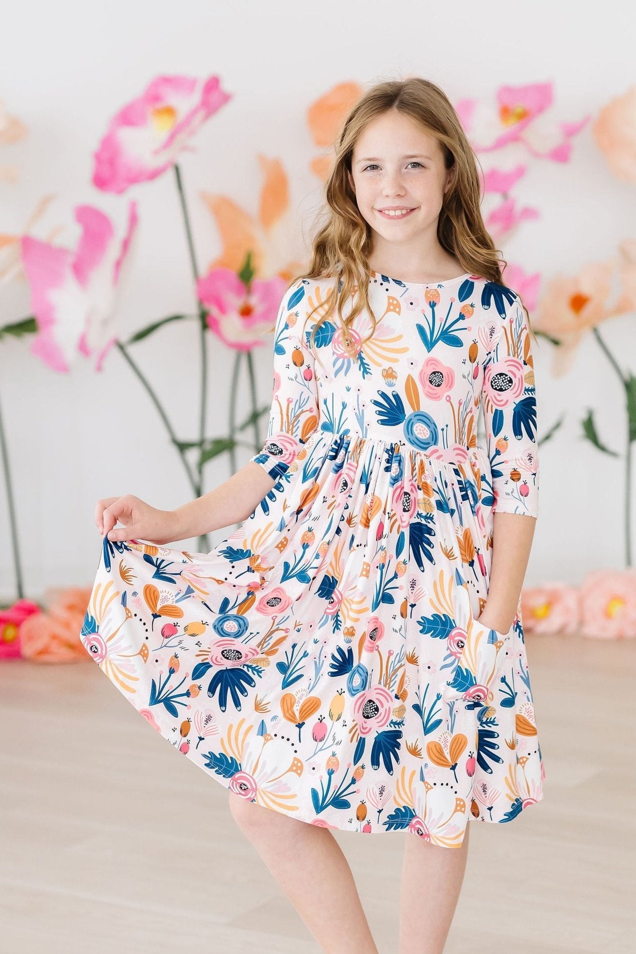 Mila & Rose ® Blush Peony 3/4 Sleeve Pocket Twirl Dress — detail close-up