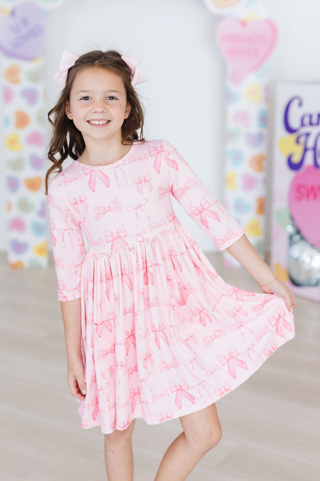 Mila & Rose ® Blushing Bows 3/4 Sleeve Pocket Twirl Dress — size reference