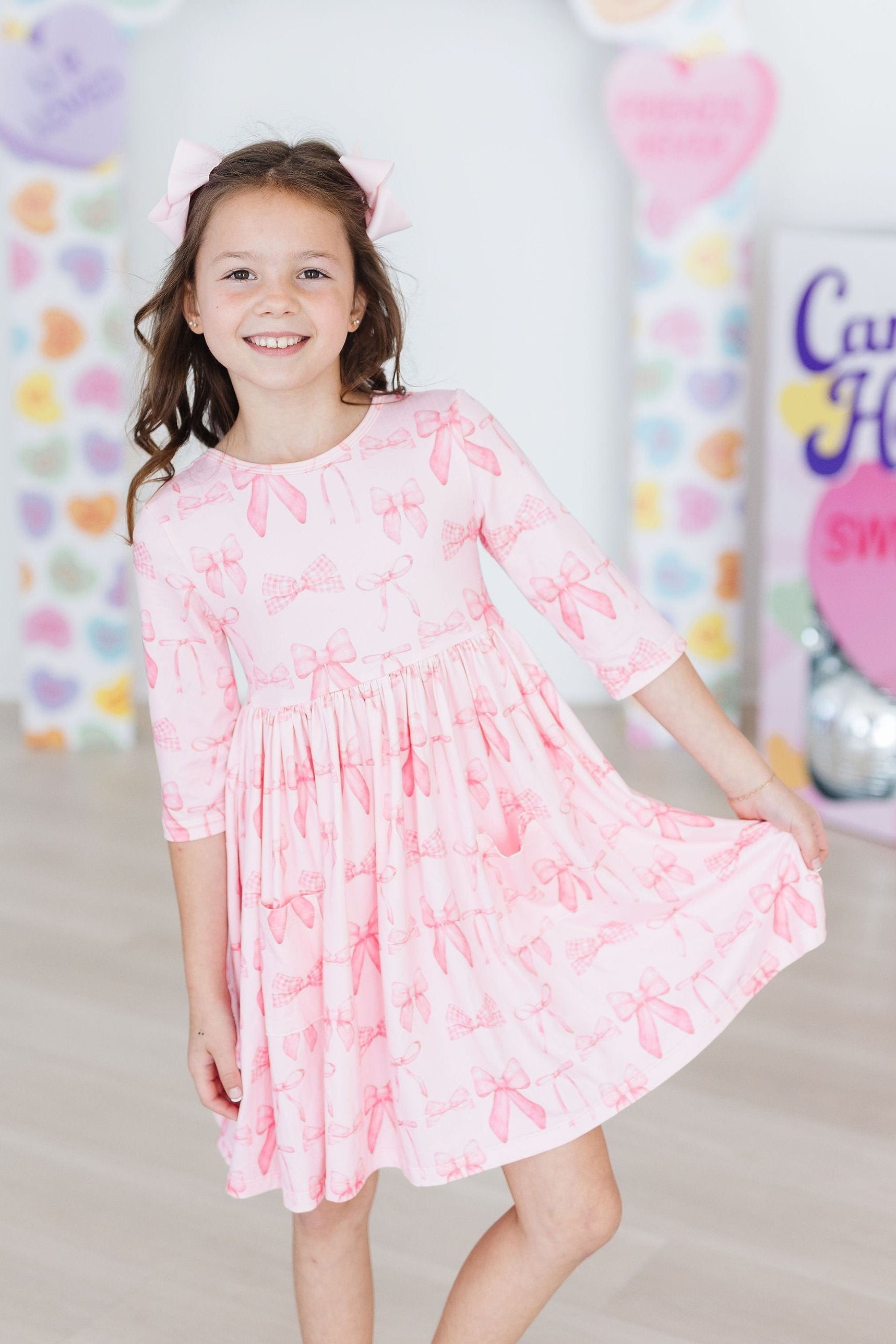 Mila & Rose ® Blushing Bows 3/4 Sleeve Pocket Twirl Dress — size reference