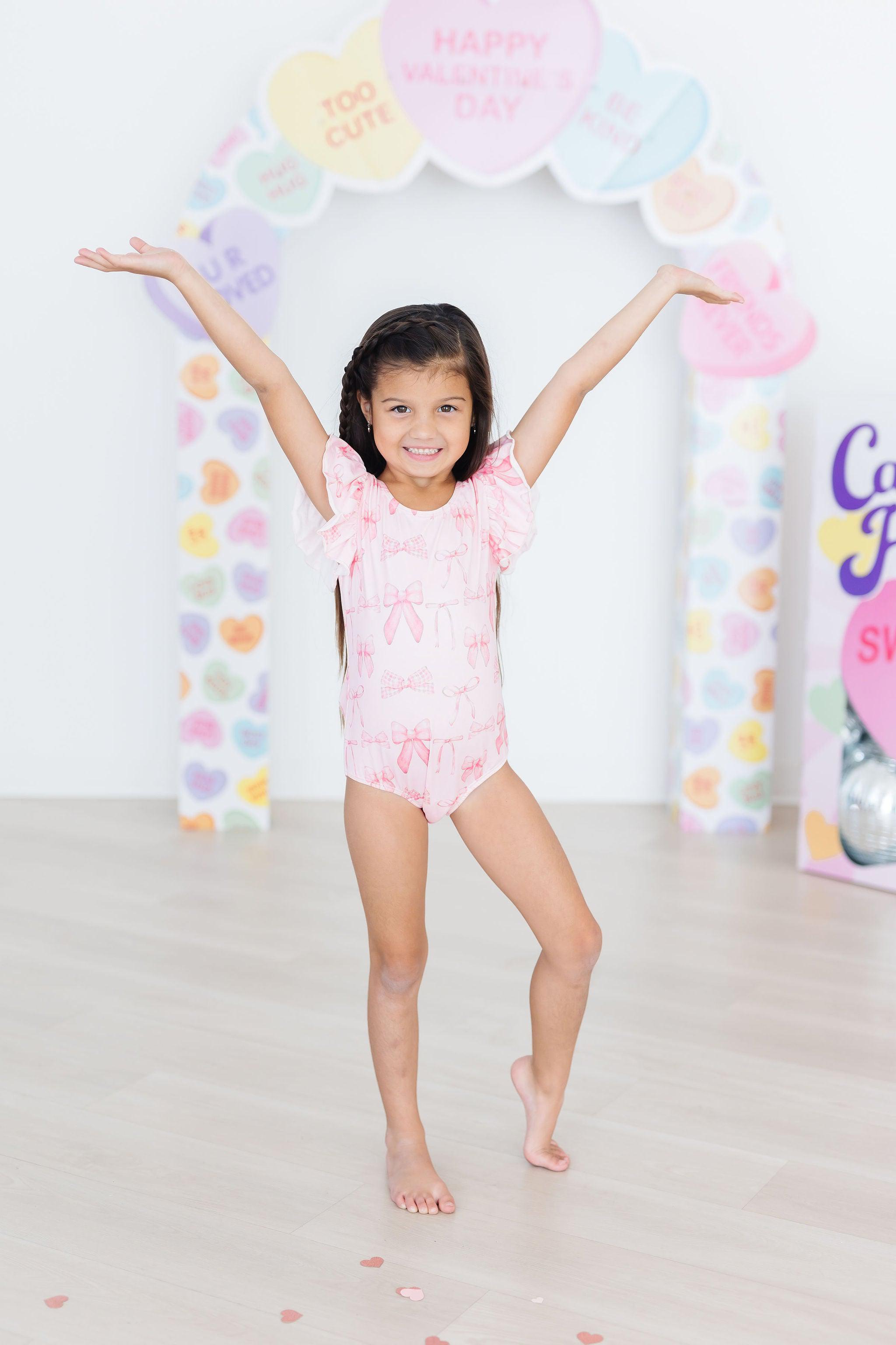 Mila & Rose ® Blushing Bows S/S Flutter Sleeve Leotard — detail close-up