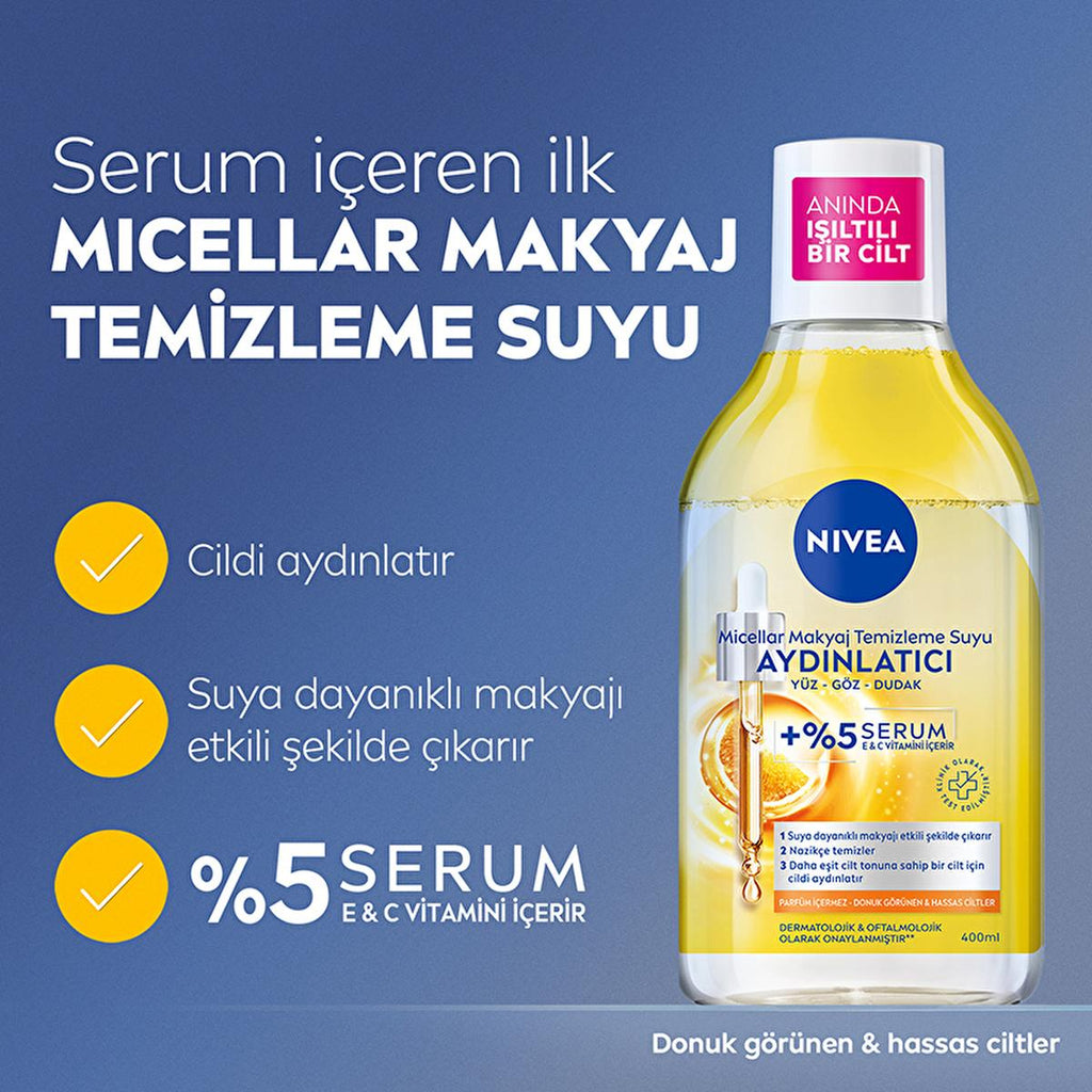 Nivea Micellar Makeup Cleansing Water with 5% Serum - Gentle, Brightening, and Hydrating Makeup Remover for Sensitive Skin