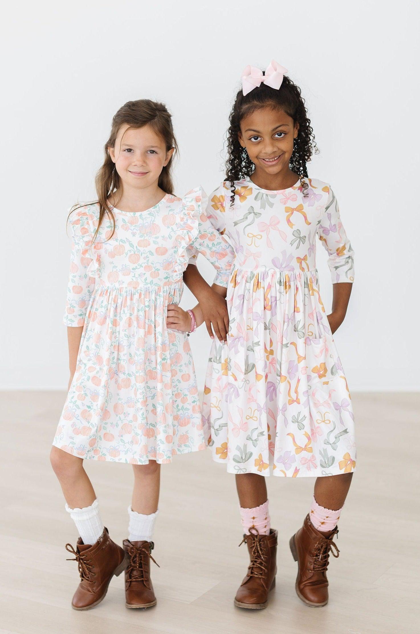 Mila & Rose ® Boho Bows 3/4 Sleeve Pocket Twirl Dress — back view