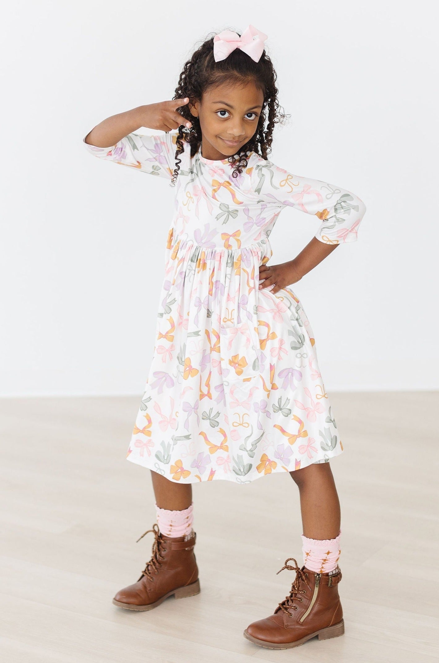 Mila & Rose ® Boho Bows 3/4 Sleeve Pocket Twirl Dress — alternative angle