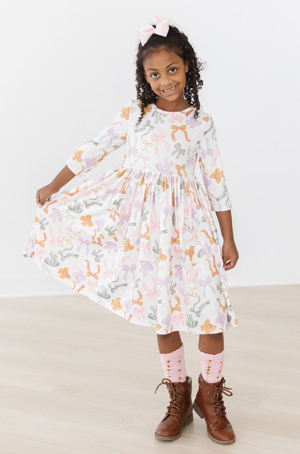Mila & Rose ® Boho Bows 3/4 Sleeve Pocket Twirl Dress — in-use photo