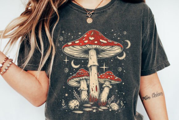 Spun Bamboo Boho Retro Hippie Mushrooms Natural Unisex Bamboo/Cotton Graphic T-Shirt — detail close-up