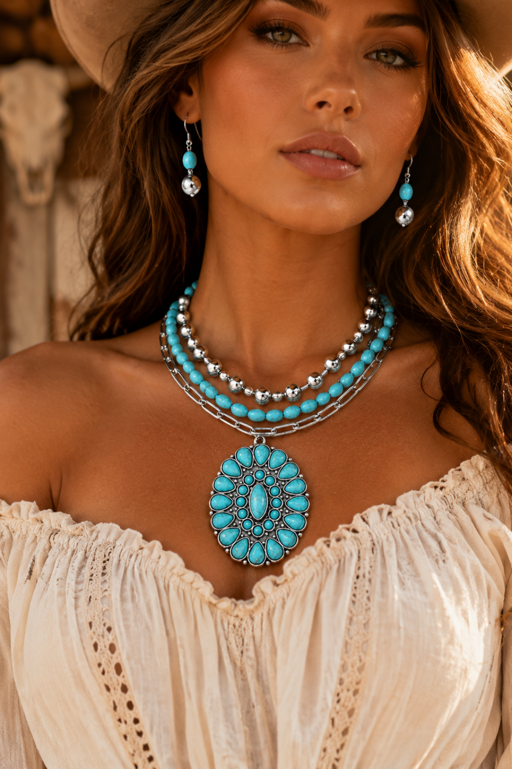Boho Western Turquoise Concho Pendant Necklace & Earrings Set